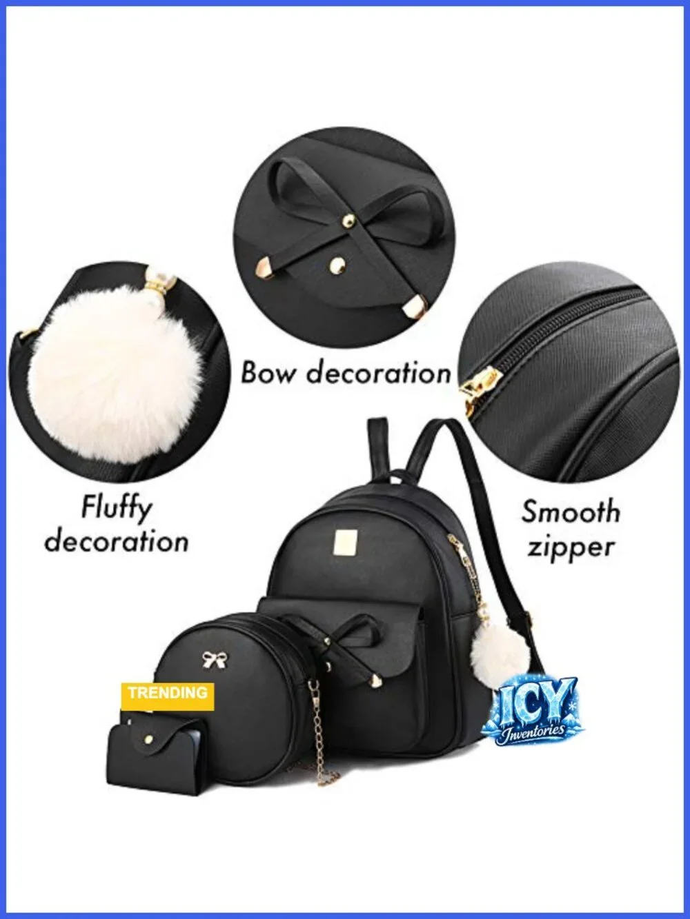 Girls Bowknot 3-Pieces Fashion PU Leather Backpack Purse for Women Rucksack